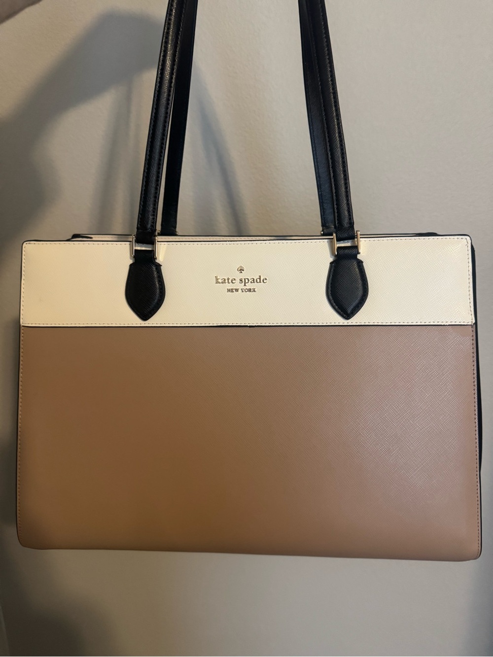 kate spade Two-Tone Leather Tote in Black, Cream & Tan